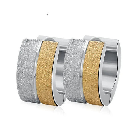 2 Tone Titanium Frosted Wide Gold Silver Hypoallergenic Men Women Hoop Earrings